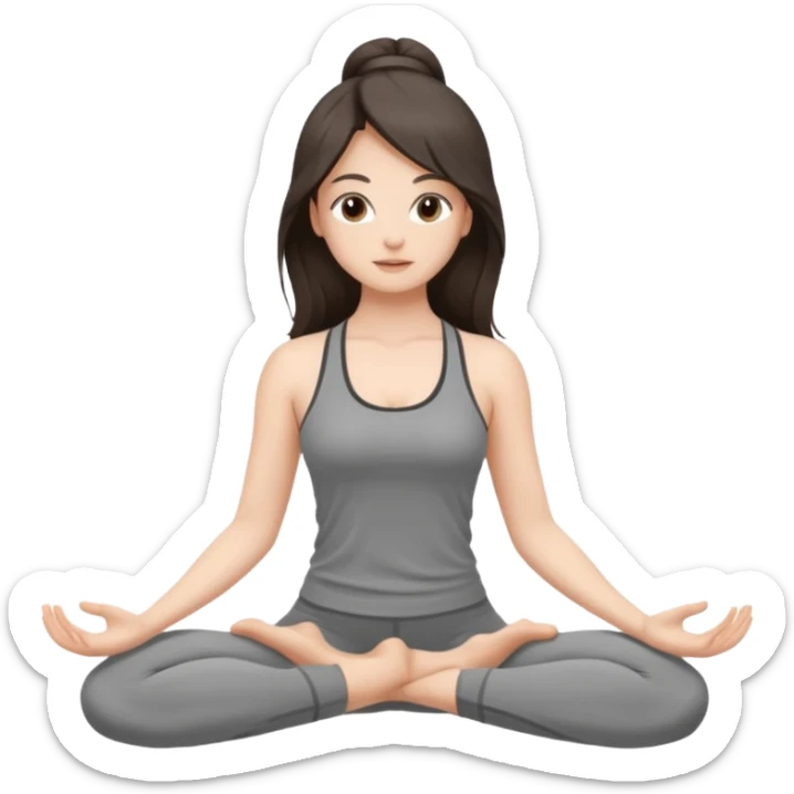 a brunette girl doing yoga, she is wearing a grey fit and she has dark long and loose hair.  sticker