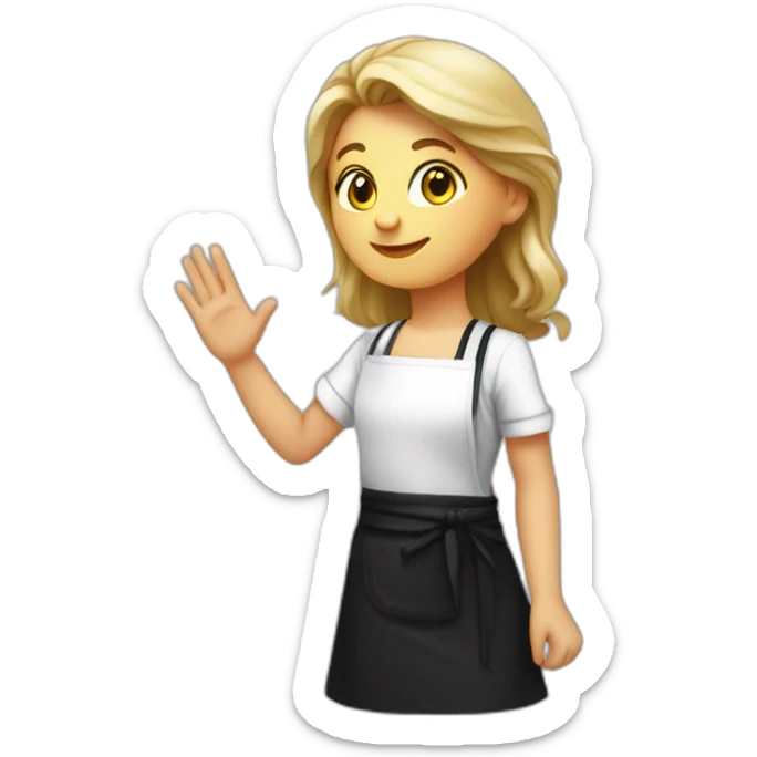 Slavic girl in a white T-shirt and a black apron waves hello with her right hand sticker