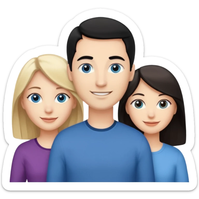 Blond woman with blue eyes on left. And a Man with black hair and grey eyecolor in the middle. And a blank woman with brown hair and grey eyes on the right. Happy together sticker