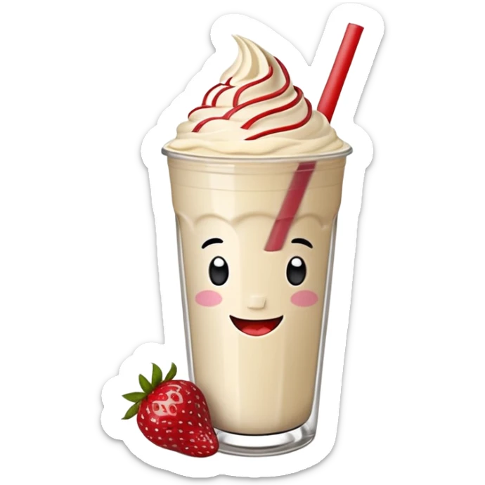 un vaso de batido animado, de caricatura, con tapa y pitillo, que tenga brazos y piernas, cara tierna y que inspire confianza y amabilidad sticker