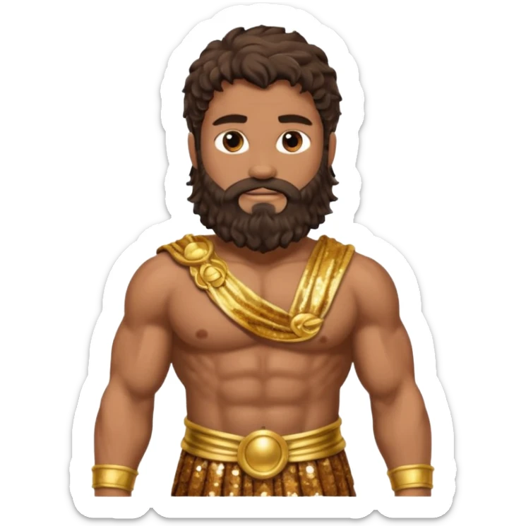 Hercules, God of Heroes from Roman Deities with long dark brown wavy hair and beard, bronze sequin toga sticker
