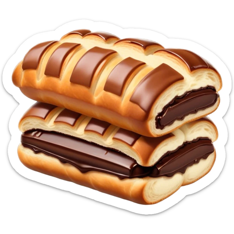 Cinematic warm pain au chocolat, flaky golden-brown pastry with a rich chocolate filling peeking through, perfectly crisp exterior, soft glowing highlights, inviting and indulgent. sticker