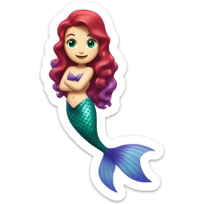 Ariel, the mermaid swimming. Her tail is green, her top is purple, and her hair is bright, red and wavy. She has pale skin and blue eyes. She is swimming. sticker