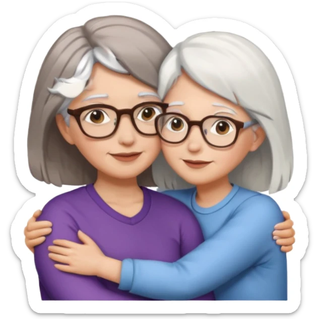 Abrazo de Madre con pelo blanco y gafas y hija con pelo morena sin gafas sticker