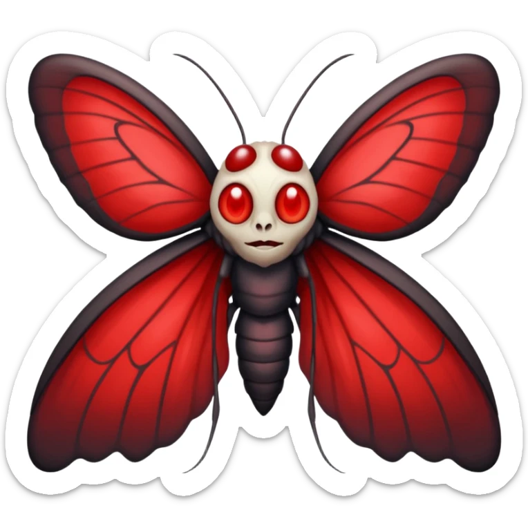Create a scary emoji of the mothman with bright red eyes and as depicted in the legend. Make it less bird like and more Moth / Human hybrid sticker
