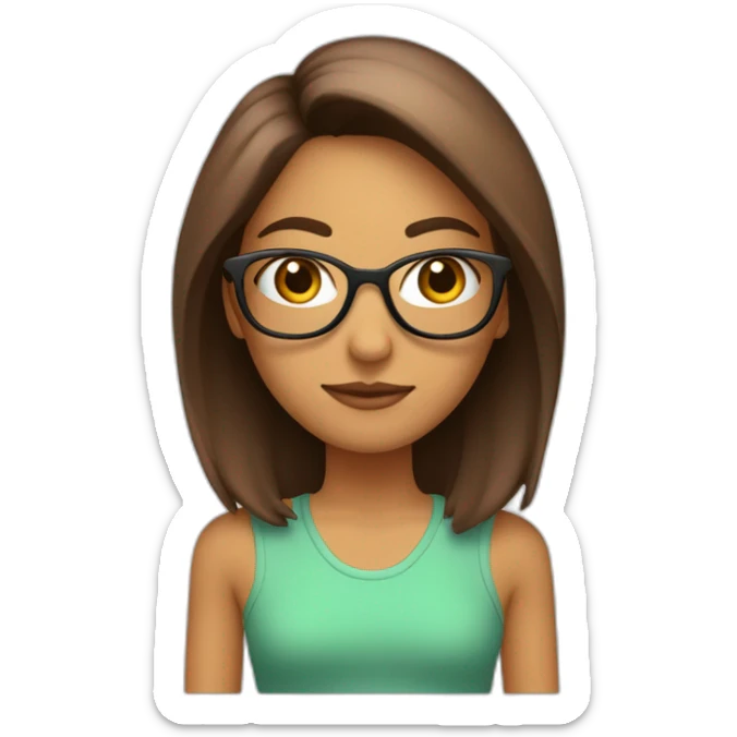 Chica delgada piel blanca, pelo marron liso hasta los hombros con lentes rosados sticker