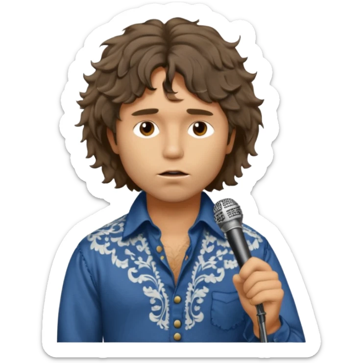 solarpunk realistic ultra HD - a thoughtful, messy, shaggy Jim Morrison in a Victorian shirt, singing on stage sticker