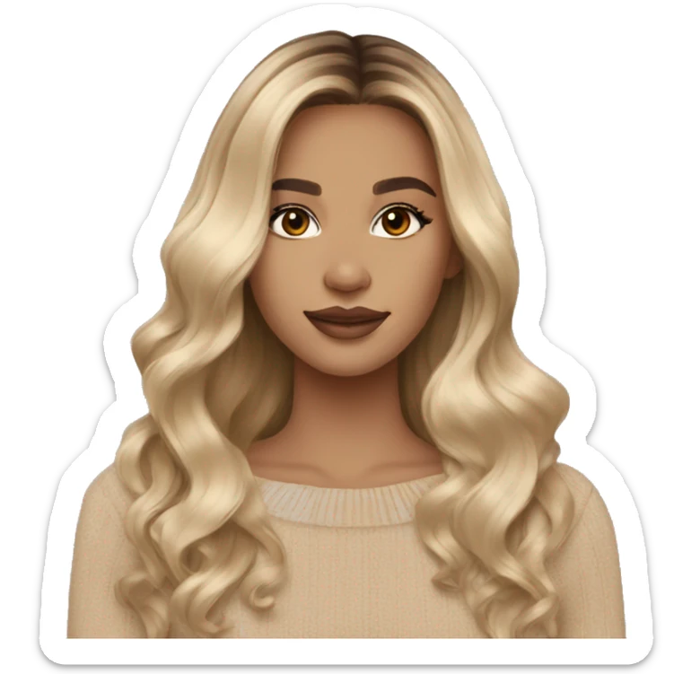 Blonde balayage long hair women beige sweater and chocolate brown eyes sticker