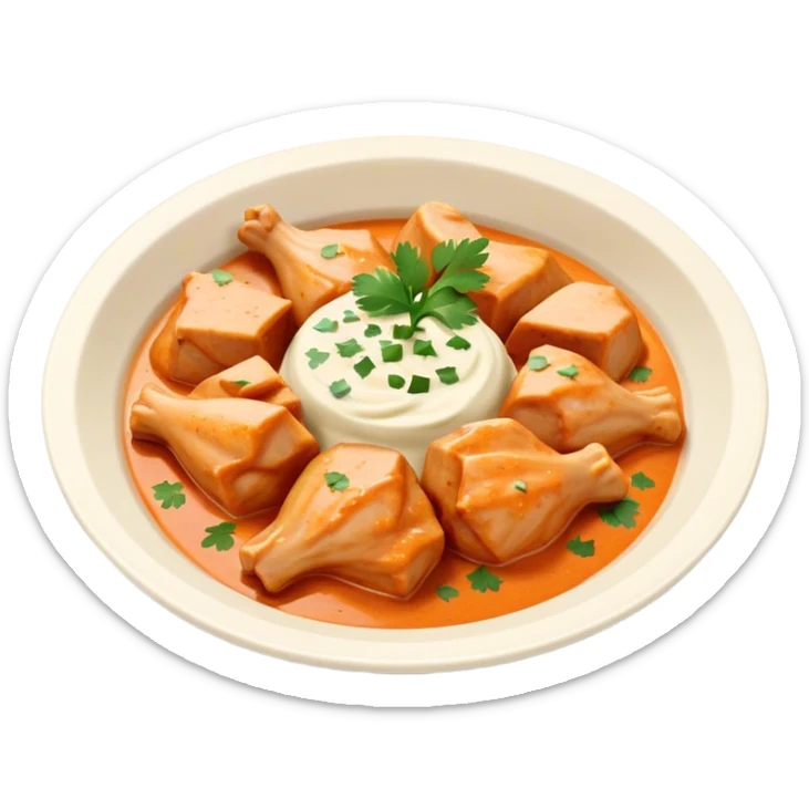 Butter Chicken Cinematic Realistic Butter Chicken Dish Emoji, depicted as tender chicken pieces sliced up and bathed in a creamy white sauce garnished with fresh cilantro, rendered with rich textures and vibrant, appetizing lighting. sticker
