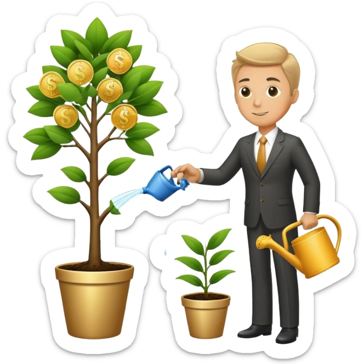 Businessman in suit watering a money tree with growing coins and dollar signs sticker