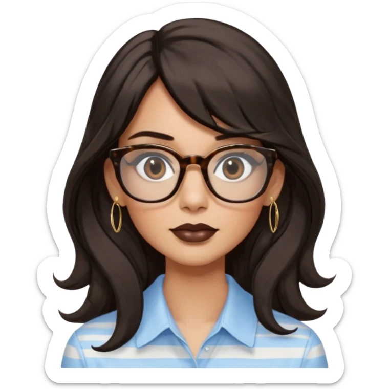 An emoji featuring a woman with very long wavy dark brown hair and a whispy straight bang, wearing thick tortoise square shaped glasses, drop earrings. She has long lashes, black eyeliner and a nude browny glossy lipstick. She's wearing an oversize light blue shirt with white vertical strips.  sticker
