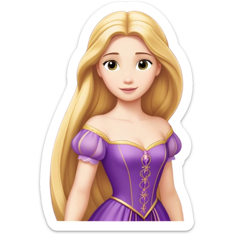 Cinematic Majestic Rapunzel Portrait Emoji, rendered in a clean, vector-style with bold, simplified shapes. Show Rapunzel with a serene, graceful expression, luminous fair skin, and elegantly styled long golden hair, accented by her classic purple gown. The design radiates a majestic, dreamlike glow with high shine and a soft glowing outline, embodying regal beauty. sticker
