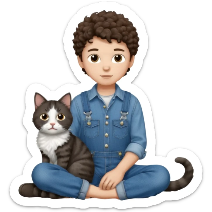 Apple emoji of a curly hair and dark brown eyes 13 year old boy with denim shirt and overalls with a black and white cat sticker