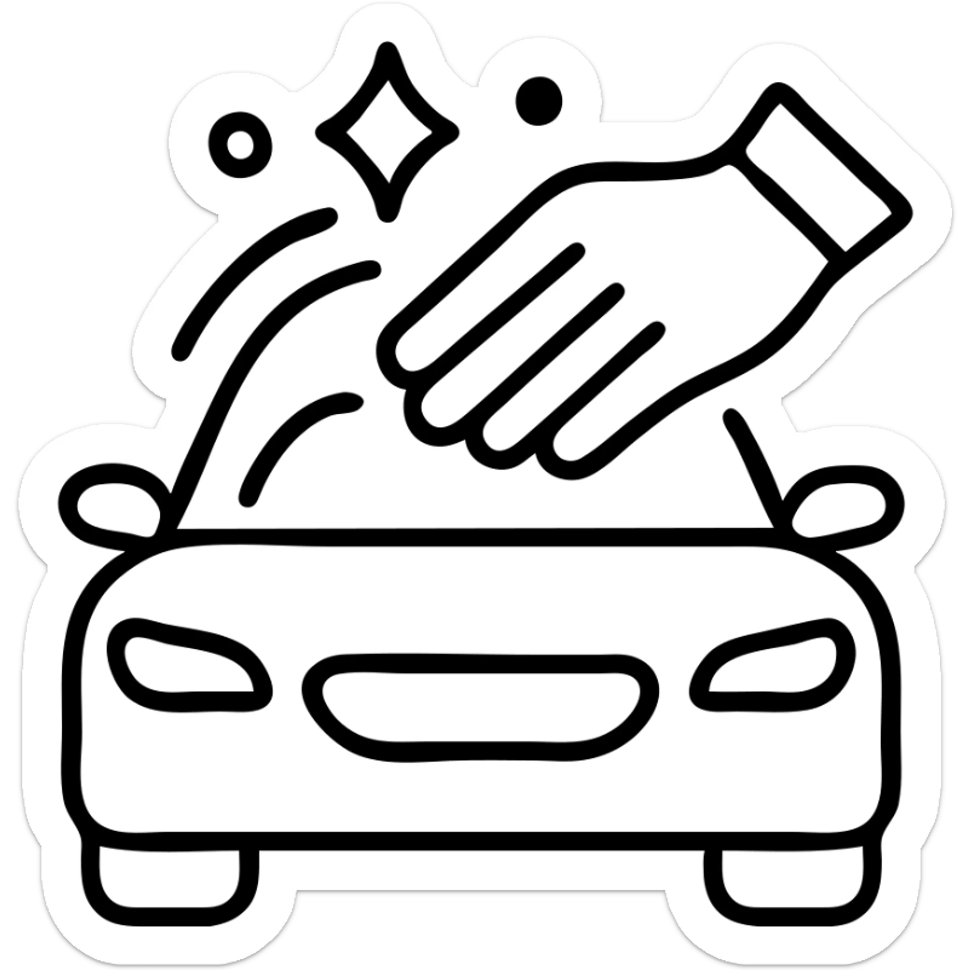 outlined icon of an elegant hand with white glove on the hood of a premium car, drops or shine, clean lines, black and silver, smooth motion lines for cleaning, modern look sticker