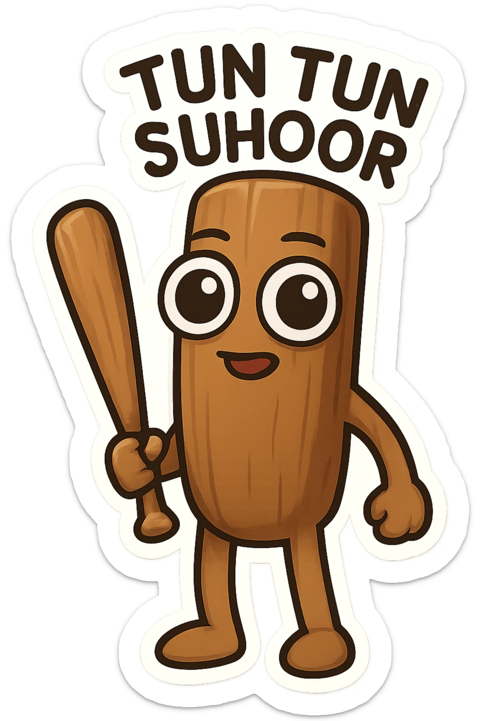 Tun Tun Suhoor as a chibi emoji, full wooden stick body, smooth brown, large cartoon eyes on wood, small mouth, human-like arms and legs, holding a wooden bat, uncanny and silly meme vibe, no text sticker