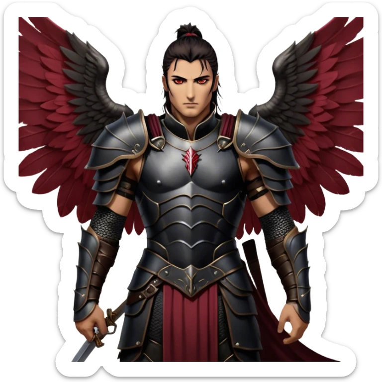 A towering Illyrian warrior with long, dark hair tied loosely at the nape of his neck, his hazel eyes flickering with battle-hardened resolve and mischief. His powerful frame is clad in black leather armor with deep crimson accents, fitted perfectly to his broad shoulders. His massive Illyrian wings stretch behind him, their leathery surface marked by scars of countless battles. A wicked grin plays on his lips, revealing the roguish charm beneath the warrior's exterior. sticker