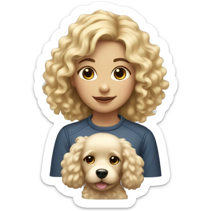Blond girl with a slight of curly hair holding a fluffy dog sticker