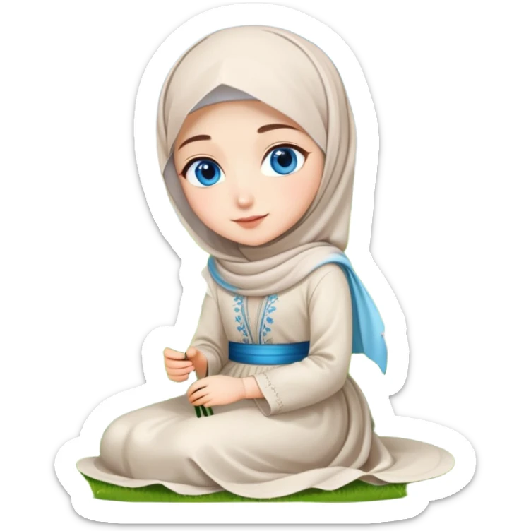 Turkish beautiful finish Konya girl blue eyes with lily flower hijab long tail dress and sits on the grass on the ground and hold lily flower on hand  sticker