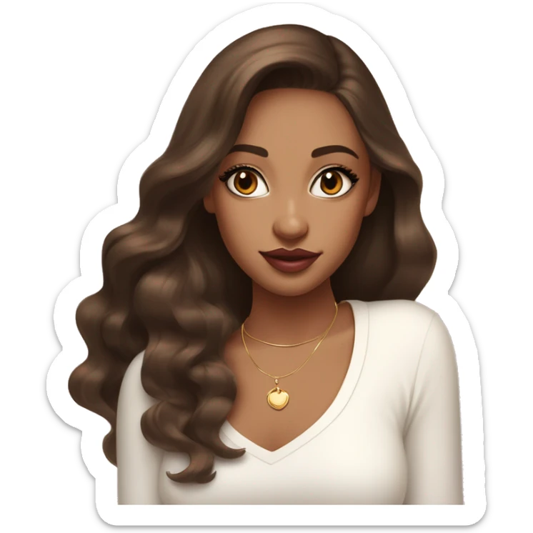 Girl with brown cateyes and a fair skin tone long eyelashes with long dark brown hair in a side parting in a wavy/blowout effect style wearing white scoop neck top and wearing a gold necklace and has plump light pink glossy lips sticker