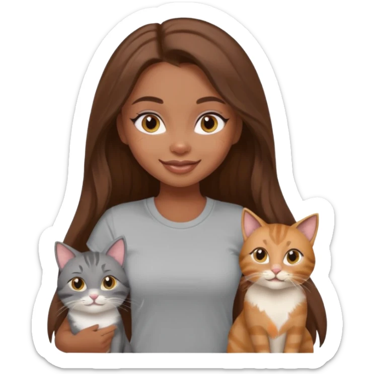 a pretty bratz dusky girl with long brown hair with four cats nd wearing a grey tshirt sticker