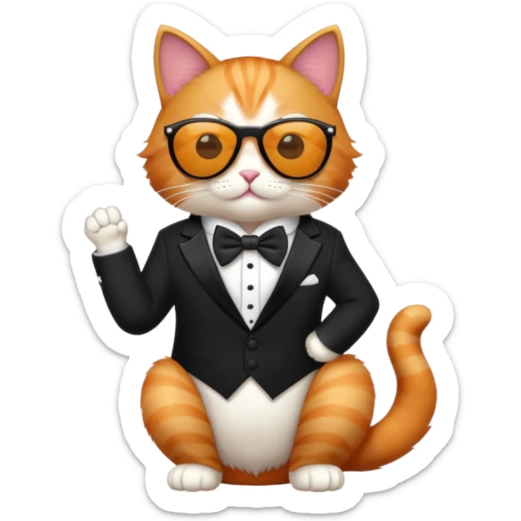 cat wearing cool sunglasses proudly showing off his new tuxedo, stylish, confident pose sticker