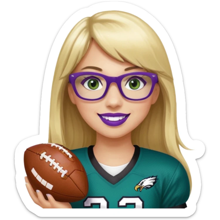 long blonde hair with bangs black rectangle glasses female green eyes football player wearing eagles uniform jersey number 33 holding football smiling purple lipstick sticker