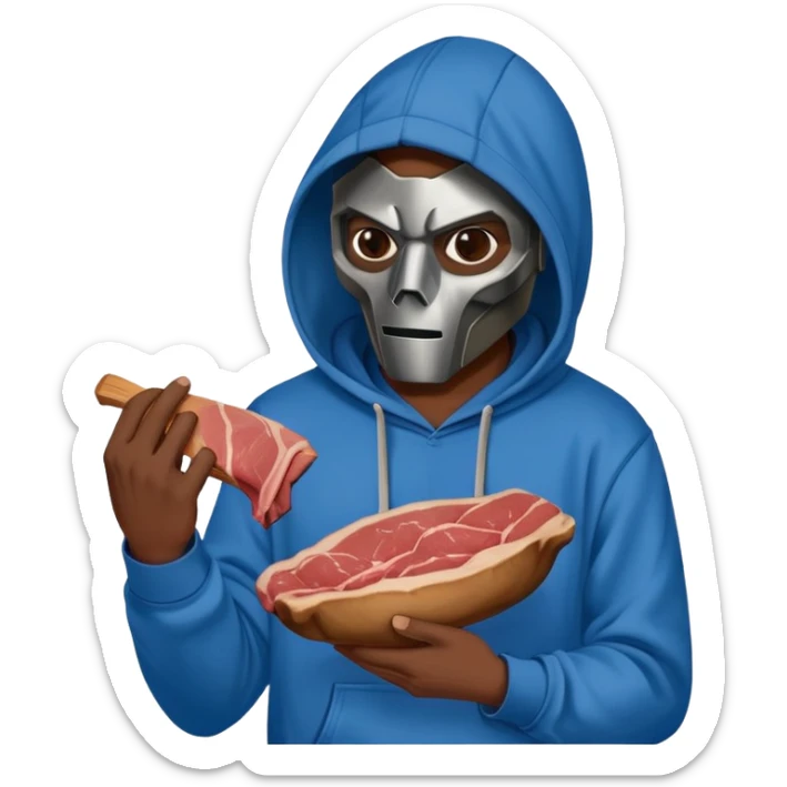 MF DOOM in a blue hoodie holding a piece of meat sticker