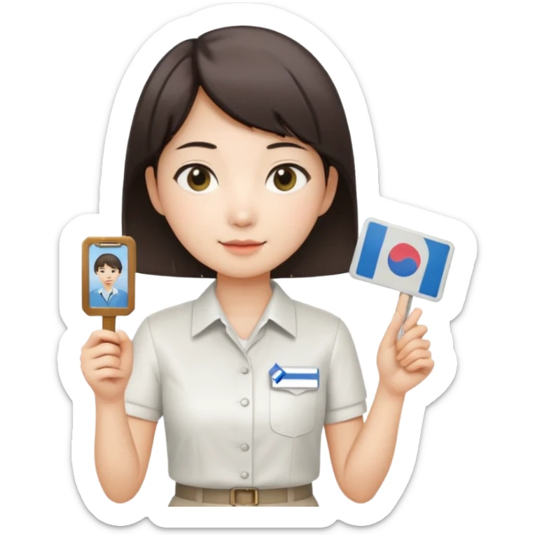A Korean short-haired female tour guide is wearing a white shirt and holding her guide license in one hand, which is a horizontal card. sticker