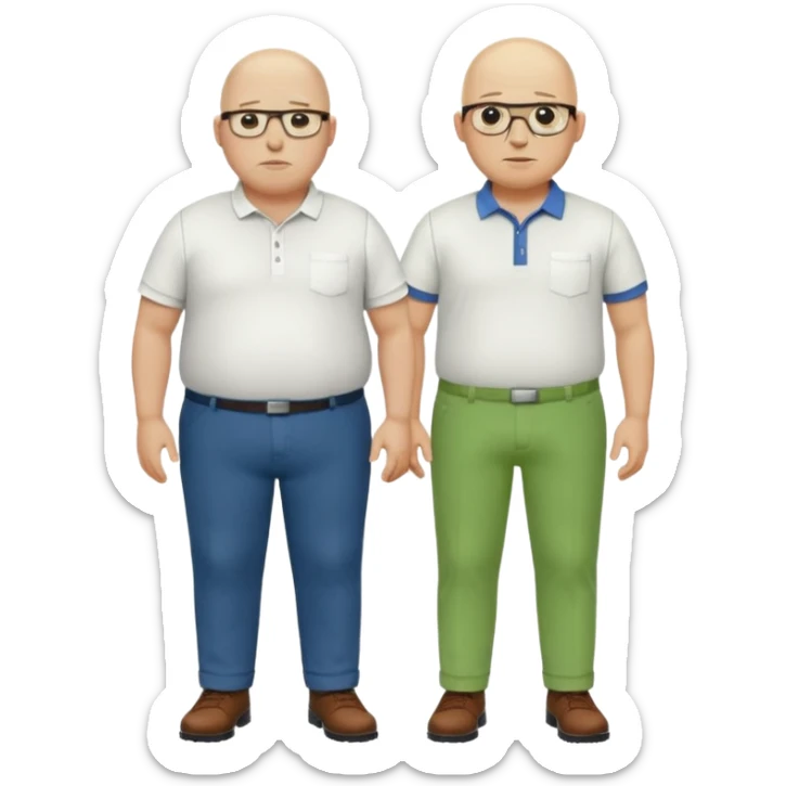 two guys, the first guy is white bald have glases a white dressshirt with rolled up sleeves and green pants he is over weight, The second guy has a yellow skin white golf shirt blue jeans and bald they should stand next to eachother they are both really fat  sticker