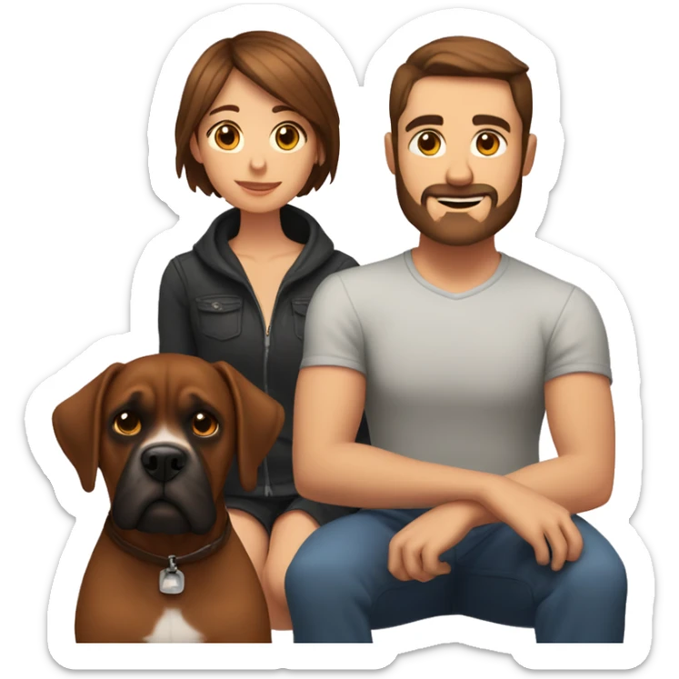 a girl with brown hair, a man with short buzz brown hair with a beard, sitting, with two brown boxer dogs sticker