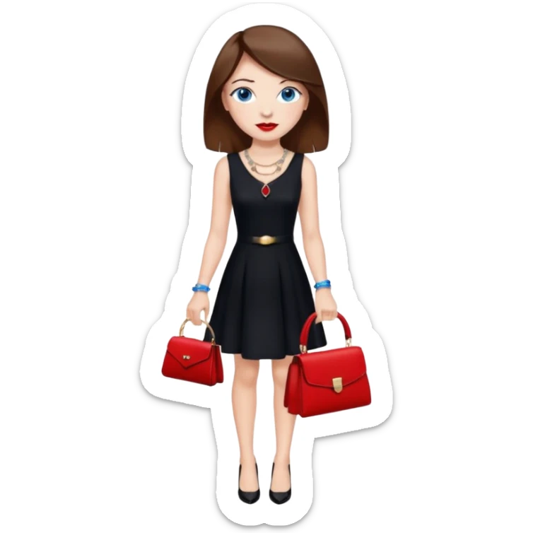 chica labios rojos ojos azules pecas pelo marron collar pulsera vestido negro tacones y un bolso rojo sticker