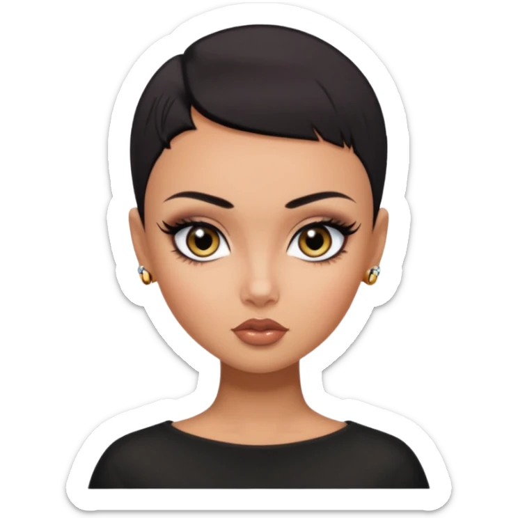 russian features, dark black dark black  buzz cat, beauty,  hair, tan skin,  eyes, pretty eyes, black eyeliner, pretty bratz baddie sticker