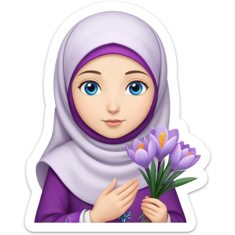Turkish beautiful finish Konya girl blue eyes with crocus flower hijab and islamic dress and hold crocus flower on hand  sticker