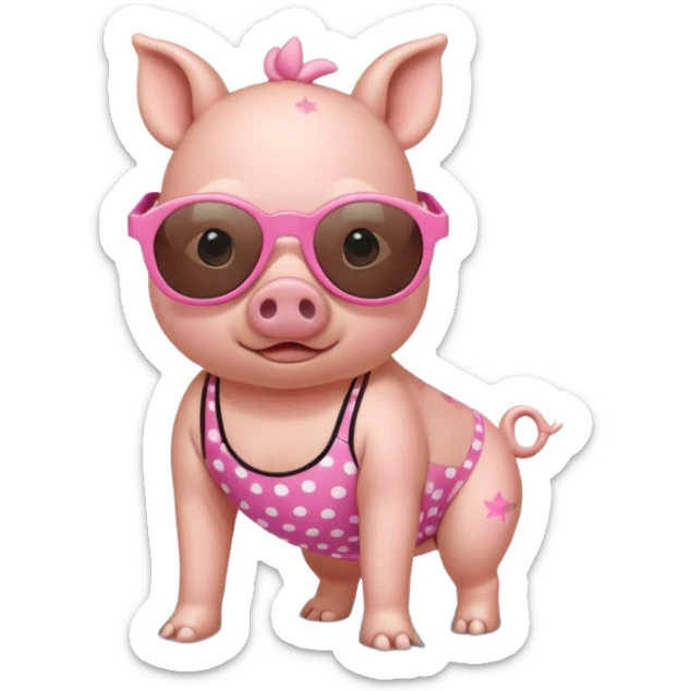 cute pig wearing  star-shaped sunglasses and polka dot bathing suit on all fours  sticker