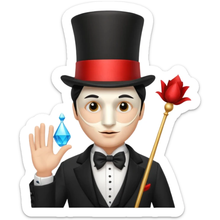 A french man with magician hat,half 🎭 mask on his head, white skin tone sticker