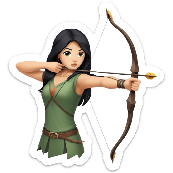 woman tanned long black hair, shooting arrow, sexy, causal clothes sticker
