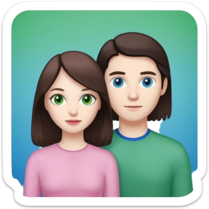 pink polaroid photo of a couple thats white with long brunette hair blue eyes and a white guy with short brunette hair and green eyes sticker