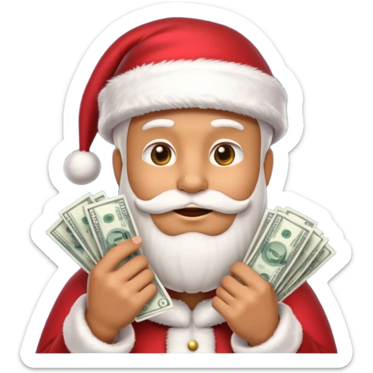 A confident rich emoji face wearing a Santa hat, money stacks, casino vibe, New Year theme, premium 3D emoji style, sharp details, no text, isolated on transparent background sticker