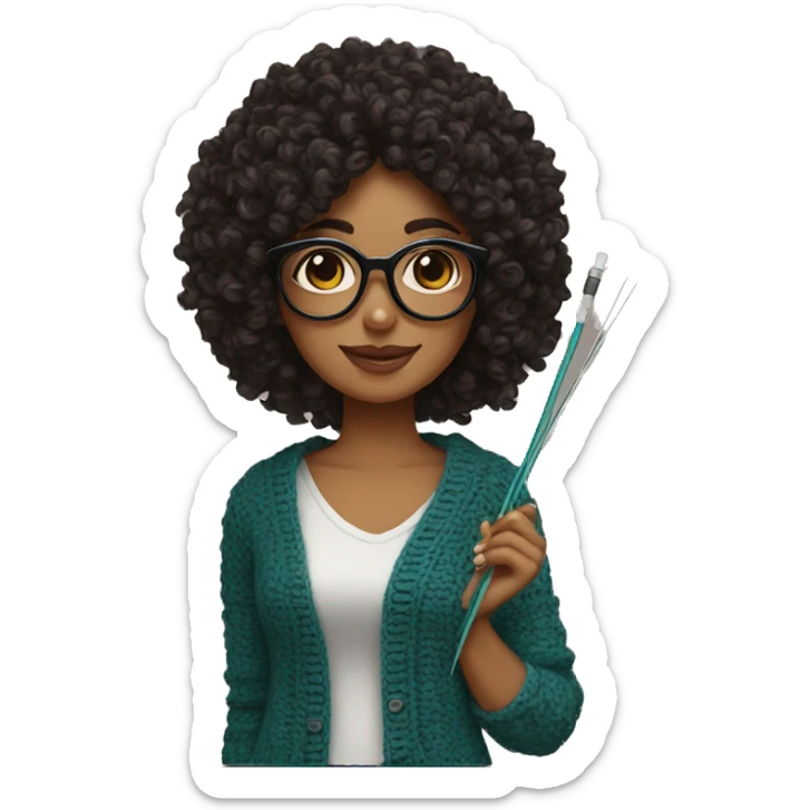 woman with black glasses curly hair holding crochet needle and yarn sticker