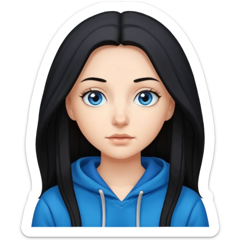 White girl with long black hair and blue eyes in a hoodie sticker