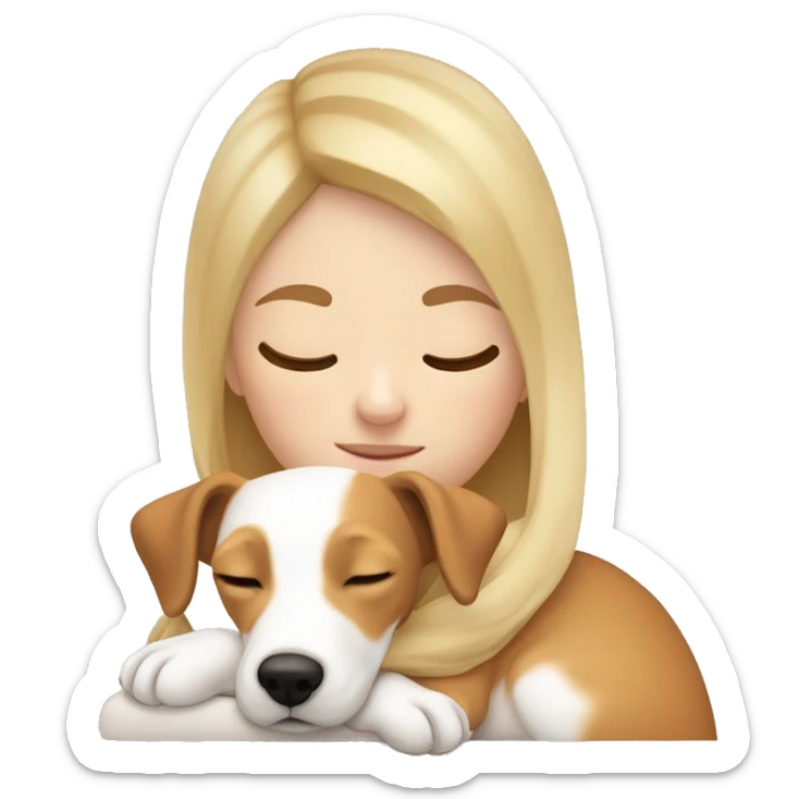 White blonde girl who sleeping in cuddle with her jack russel who have the face full ligh brown / light orange  sticker