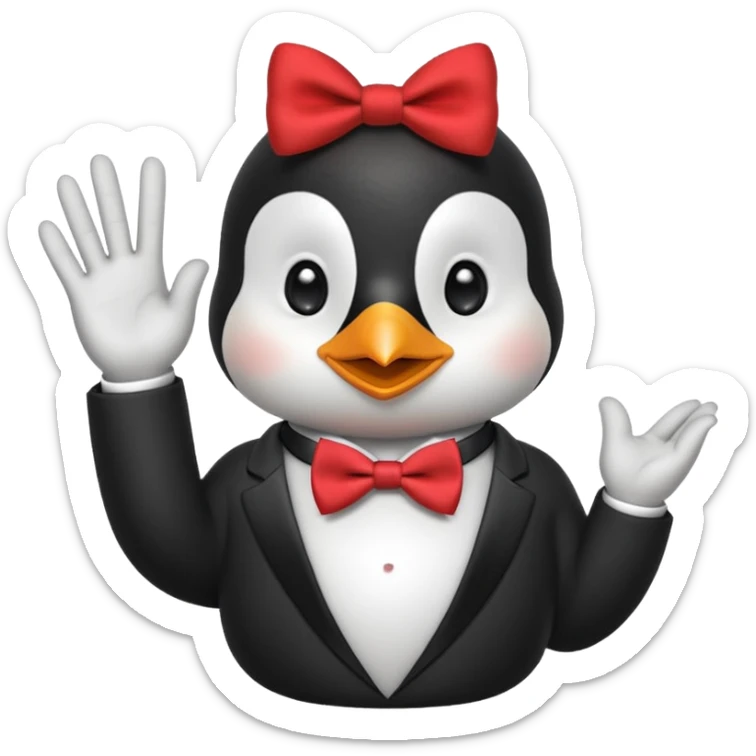 Un pinguino con una pajarita roja haciendo el gesto con la mano abierta de cumplir una promesa sticker