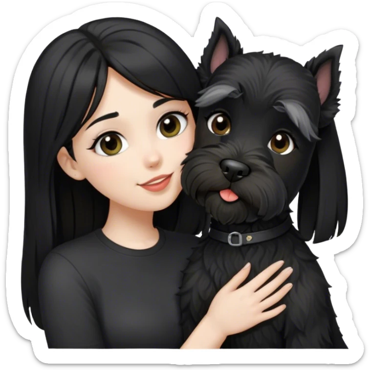 pale girl  with light eyes and long black hair wearing black shirt kissing female schnauzer holding smiling black schnauzer  sticker