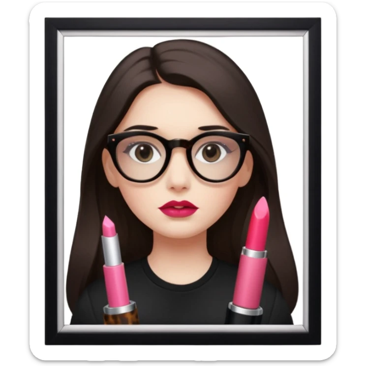 The girl with dark long hair divided in the middle of the head, white skin, black eyes, wearing black shirt and tortoise framed glasses. Lipstick is light smooth old pink. sticker