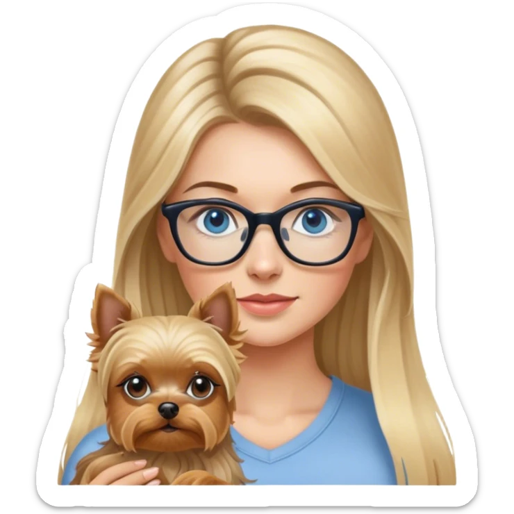 Blonde balayage long hair women with blue eyes wearing glasses holding a Yorkshire terrier  sticker