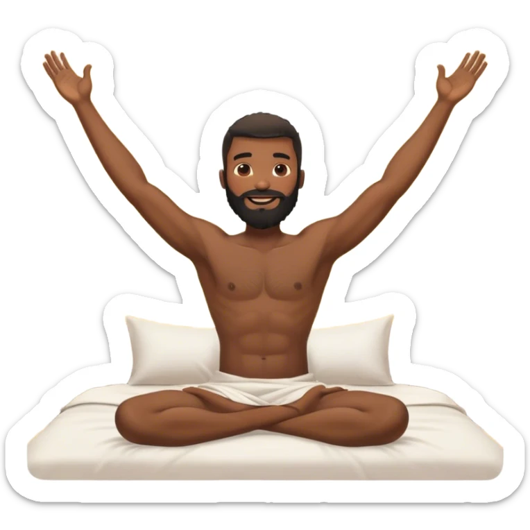 black beard happy shirtless man waking up out of bed stretching arms with sunshine in the back sticker