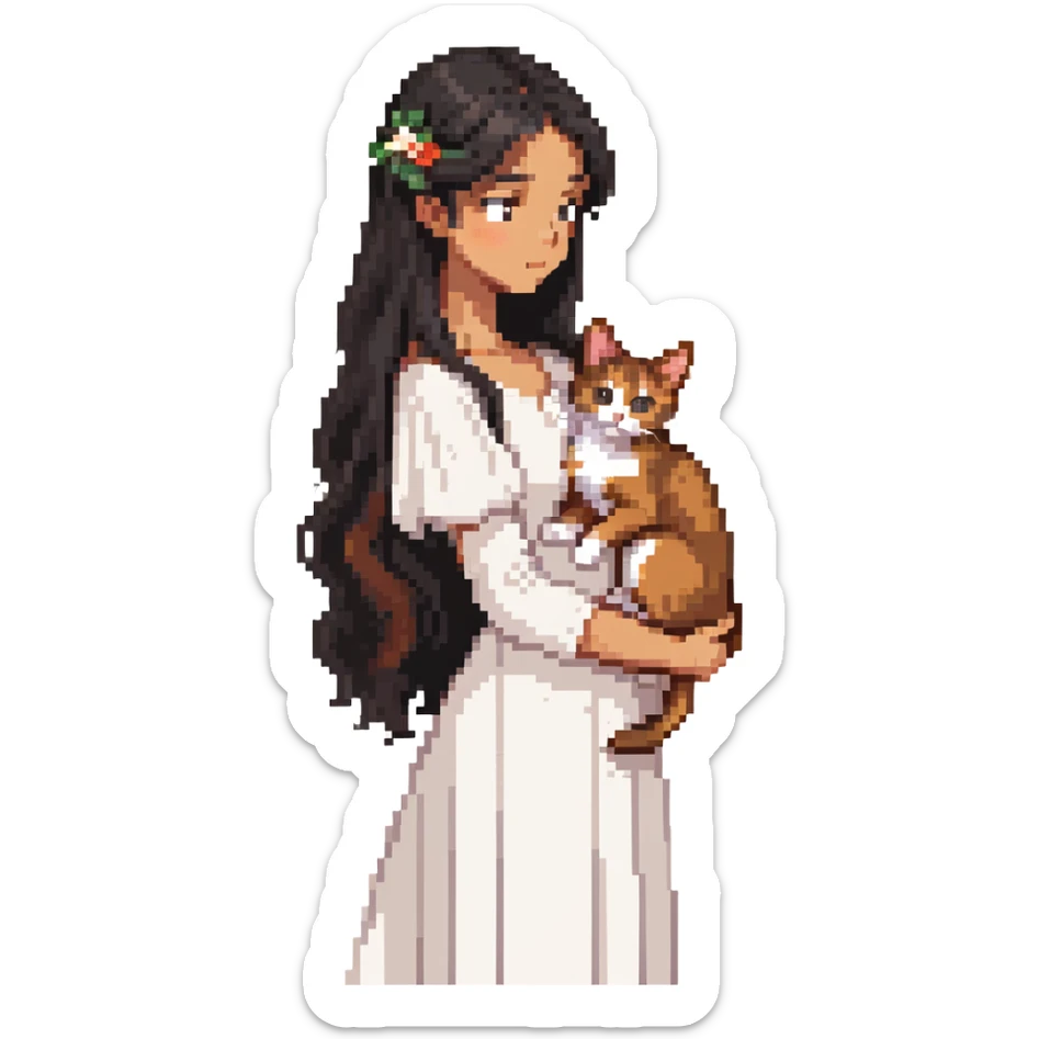 beautiful girl with long black hair wearing a white dress holding an Abyssinian cat with reddish-brown fur in her arms, side view sticker