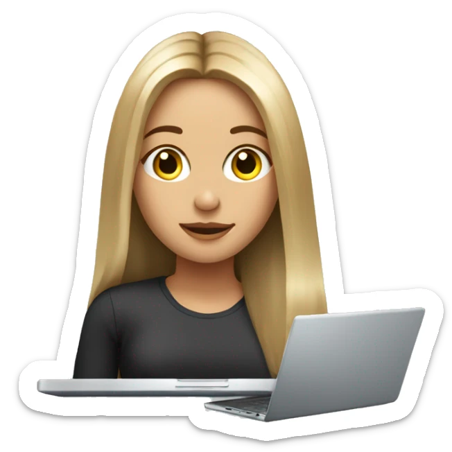 beautiful girl, with long dirty blonde hair, straight hair, polish, with laptop sticker