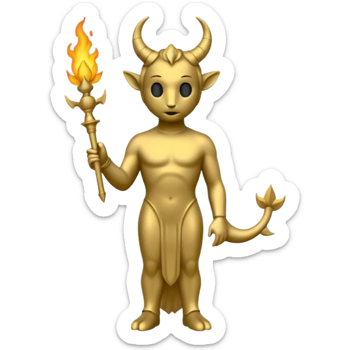 Minimalist emoji-style sticker of a full-body Oscar-like statue in matte gray-gold, with small horns, sharp tail, and faint flames at the base, all in black and muted hues sticker