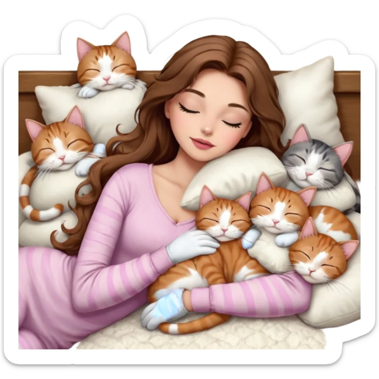 girl with long wavy brown hair, brown eyes, long lashes makeup, sexy pink lips, light to medium complexion,  sleeping on a cozy pillow, with 6 cats: 1 brown and white tabby cat, 1 ginger and white, 2 grey and white, 1 grey with white mittens and small white patch on chest and 1 calico, sleeping sticker